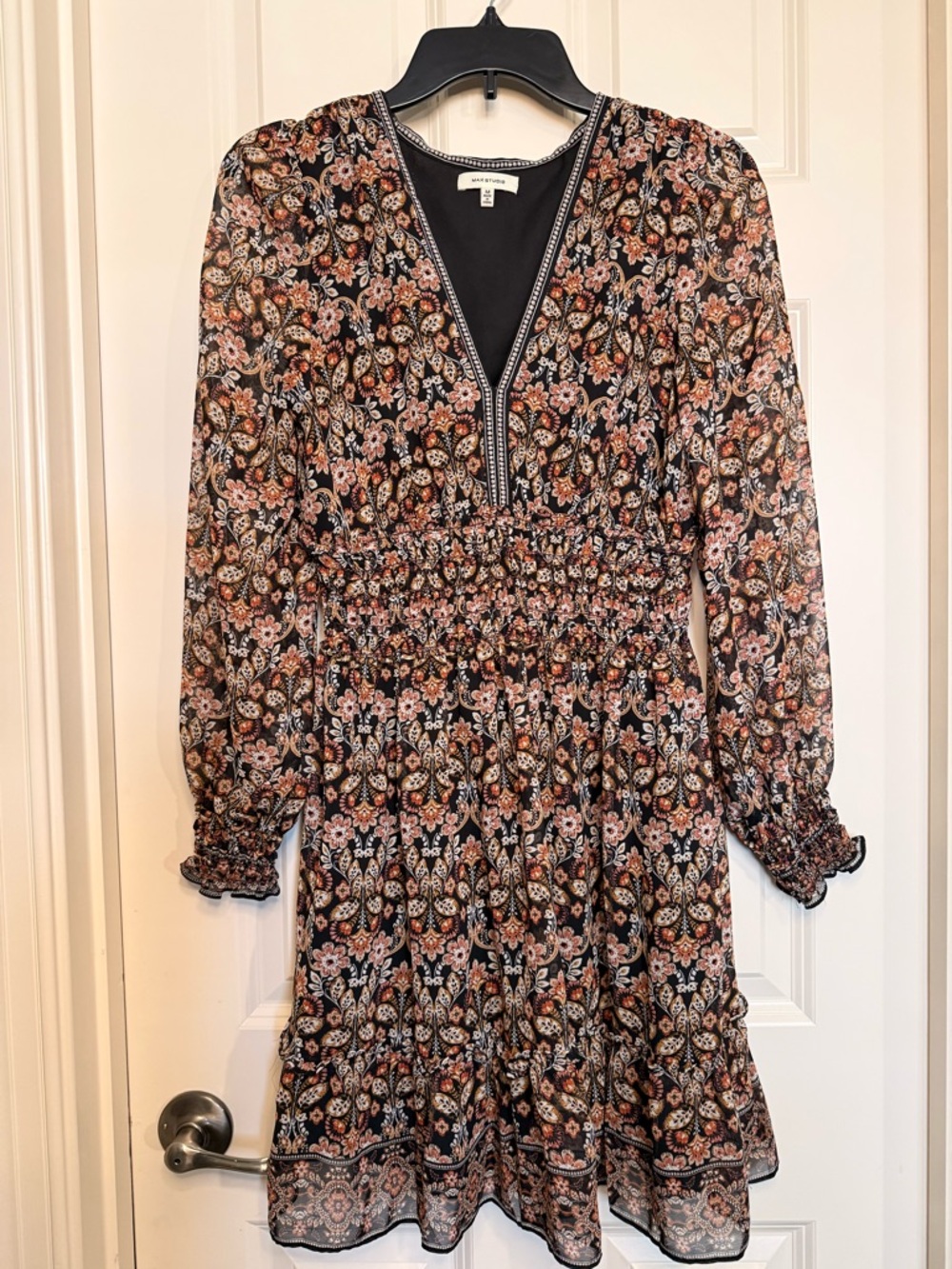 Max Studio Black Floral Long-Sleeve Smocked Waist Dress